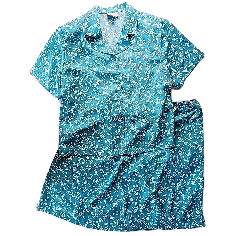 The Tog Shop Women's 18W Blue White Floral Button Front Shirt & Skirt Set Modern